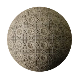 High-resolution PBR textured sphere with a vintage concrete floral tile design, suitable for 3D rendering and Blender projects.