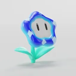 3D modeled blue and white flower with facial features, inspired by Super Mario, created in Blender.
