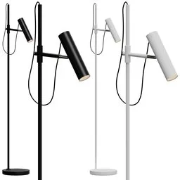 "Modern Floor Lamp in Two Color Variants - 3D Model for Blender 3D: Featuring Three Lamps on a White Surface with a Black Pole by Matthias Stom"