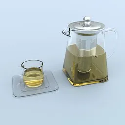 3D rendered glass teapot and cup set with infuser on a translucent mat, designed in Blender 3D.