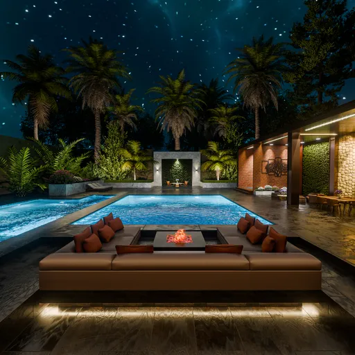 Modern Villa Poolside Night Setup