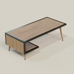 Realistic 3D model of a modern coffee table with elegant oak texture and a sleek black steel support.