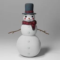 "A smiling snowman in a hat and scarf, 3D model for Blender 3D. This untextured model features a rubbery-looking body and was created for a Netflix animation. Perfect for winter-themed projects and games."