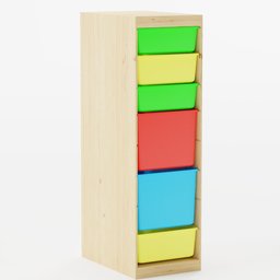 "3D model of brightly colored Ikea tall shelves storage in Blender 3D software. Stacked drawers in random colors, resembling building blocks, with a big open book on top. Perfect for adding organizational functionality to your virtual spaces."