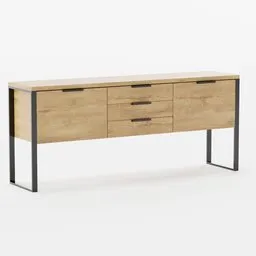 Contemporary styled 3D sideboard model featuring wooden texture with metal accents, ideal for interior design visualizations.