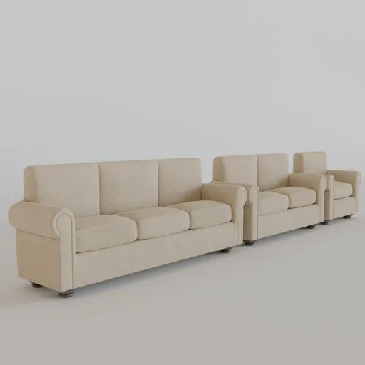Detailed 3D model of a beige sofa set, ranging from single to triple seaters, for Blender rendering.
