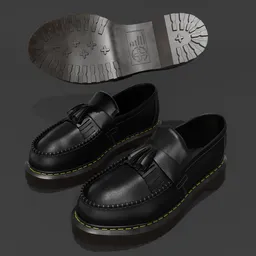 Highly detailed Blender 3D model of black leather tasseled slip-on with yellow stitching and grooved sole.