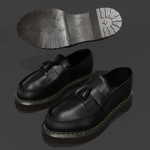 Highly detailed Blender 3D model of black leather tasseled slip-on with yellow stitching and grooved sole.