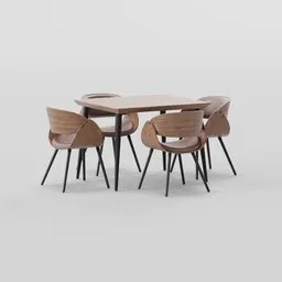 "3D Dining Table and Chair Set with Wooden Top, created in Blender 3D software. Includes four chairs and a stylishly designed table, perfect for adding realism to any virtual scene. Created by Henriett Seth F., with iteration variations by talented artists James Gilleard and James Jean."