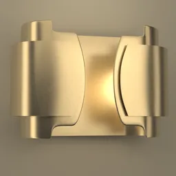 "Wall Light Brass Antique - a 3D model for Blender 3D software. This close-up depicts a gold wall light with a curved design, featuring elements inspired by Ernő Rubik and Ralph McQuarrie. The intricate details include articulated joints, toggles, and rounded corners, creating an award-winning design reminiscent of an alien relic."