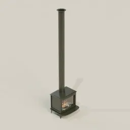 Detailed Blender 3D model of a classic metal stove with a tall chimney and visible flames.