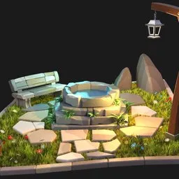 Stylized Cartoony Water Well Diorama