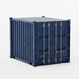 "Highly detailed 10-foot shipping container model for Blender 3D, featuring customizable color and rust effects in the shader editor. This industrial-themed container on a white surface showcases a vibrant blue hue, complemented by a navy blue utility cap. Perfect for architectural visualizations and realistic scenes in Blender."