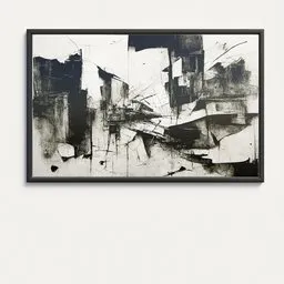 "Decorate with a stunning monochrome abstract painting on canvas, featuring a cityscape with crumbling buildings. This 3D model for Blender 3D was created using Vray renderer and showcases square picture frames. Perfect for contemporary home decor."