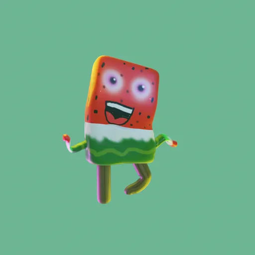 3D animated character of a watermelon popsicle with a joyful expression, rigged for Blender animation.