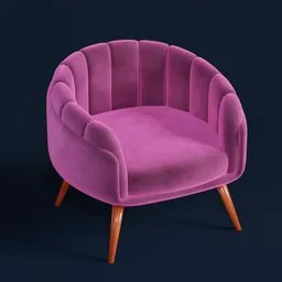 Detailed 3D model of a contemporary pink velvet chair with wooden legs, compatible with Blender for interior design.
