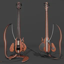 Intricately designed 3D model of a unique bass guitar with detailed articulating armrest and polished aluminum parts.