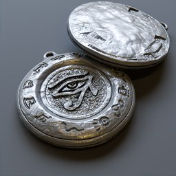 "Eye of Horus 3D model for Blender - photorealistic anamorphic lens, silver lockes with eye, and detailed hieroglyph. Perfect for use in art and masonic projects. Real world scale and %100 PBR compatible."