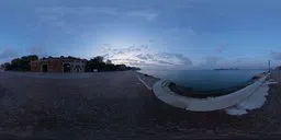 360-degree panoramic HDR image of Venice at dawn with calming sea and cloudy sky, perfect for realistic lighting in 3D scenes.
