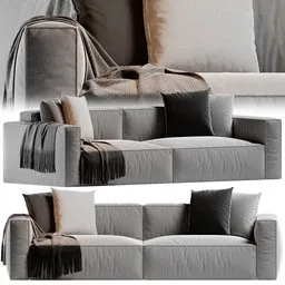 "Monochrome modern sofa with blanket and pillows, 3D model for Blender 3D, high resolution render by Giorgio Cavallon."