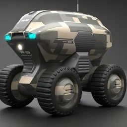 "Explore a highly detailed 3D model of a military robotic vehicle with a striking green light and top-of-the-line 4k textures. This stunning creation, crafted using Blender 3D, features a trendy cyberpunk aesthetic and a sleek camouflage design - perfect for security robot deliveries or as a lawnmower CAD design."