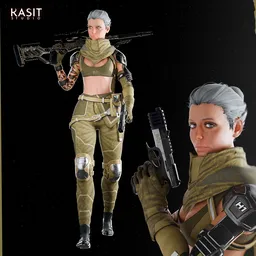 Realistic female soldier 3D model with detailed gadgets, clothing, and PBR texture maps, compatible with Blender.