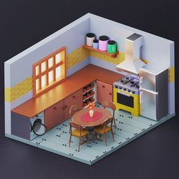 Isometric Blender 3D model of a colorful, stylized cartoon kitchen interior with modern appliances and furniture.