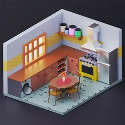 "Kitchen with appliances including a refrigerator, stove, and washing machine, featuring a dining table with chairs, pots, and a combination of walls and wooden flooring. This 3D model was created using Blender 3D software, perfect for those searching for a detailed and realistic kitchen scene."