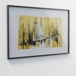 "3D modeled abstract artwork with textured gold and black strokes in a sleek frame, designed in Blender, perfect for modern interiors."