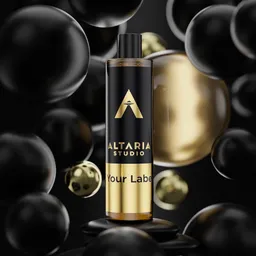 Elegant 3D product visualization scene with customizable cosmetic bottle among glossy spheres.