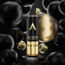 Elegant 3D product visualization scene with customizable cosmetic bottle among glossy spheres.