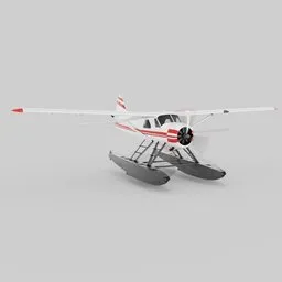 "Commercial seaplane 3D model for Blender 3D with floats, propeller, and landing platform on a gray surface. Volumetric water and reflective glass details add realism. Perfect for aviation or transportation design projects."