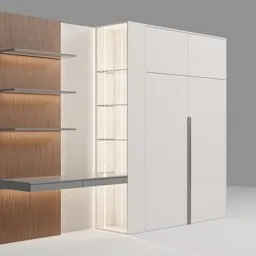"White desk with floating shelf, wardrobe, and showcase cabinet with glass shelves - 3D model for Blender 3D. Perfect for home office and study. Product design render with smooth light and beveled edges."