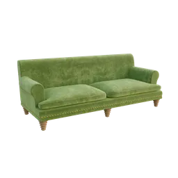 "Velvet green sofa with studded arms and wooden feet, rendered in Autodesk 3D and inspired by Florence Engelbach's Directoire style. This in-game 3D model features gold details and neutral lighting for a full-length parlor look. Perfect for Blender 3D enthusiasts and interior design projects."