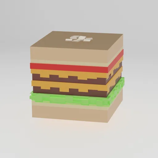 3D voxel cheeseburger model with detailed layers for Blender rendering.