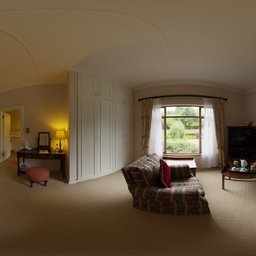 Elegant interior HDR panorama of a cozy room with natural lighting and tasteful décor for realistic scene illumination.