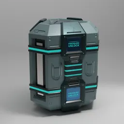 "Scifi Hexagon Loot Crate 3D model for Blender 3D software. This sci-fi space themed loot crate features a small gray and blue box with a blue screen, inspired by Randy Post. Perfect for incorporating into your 3D renders, game designs, or concept art."