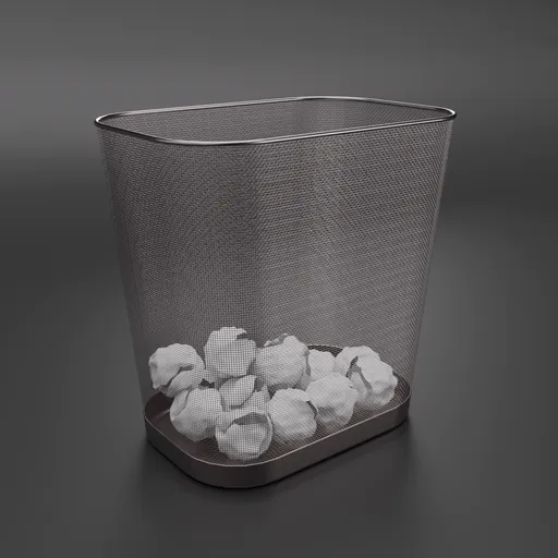 Realistic 3D-rendered metal trash can filled with crumpled paper, ideal for Blender 3D projects.
