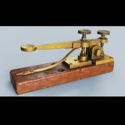 Vintage-style brass and wood telegraph key 3D model with realistic textures for Blender rendering.