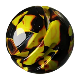 High-resolution PBR Blender 3D material with yellow and black patterns imitating synthetic tortoiseshell celluloid texture.