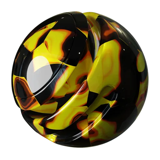 High-resolution PBR Blender 3D material with yellow and black patterns imitating synthetic tortoiseshell celluloid texture.