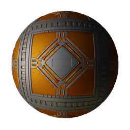 Detailed PBR SciFi panel texture for 3D modeling in Blender app, featuring orange and grey metallic surfaces with intricate lines.