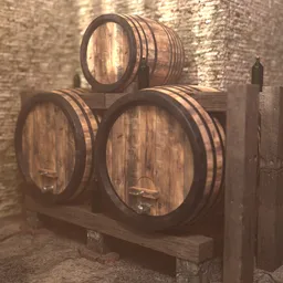 Realistic Blender 3D barrels and bottles for cellar scene, high detail, modifiable for various layouts.