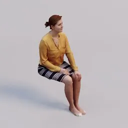 Detailed 3D model of a seated young woman with realistic textures and clothing, compatible with Blender.