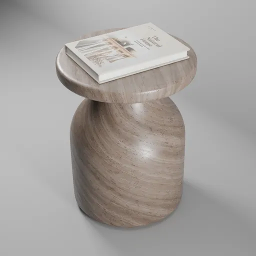 Realistic 3D-rendered marble side table with smooth curves and a magazine on top for Blender visualization.