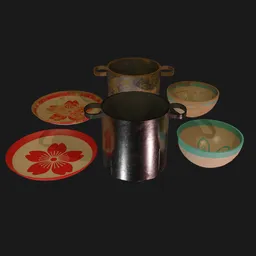 Assorted 3D-rendered Japanese dishware set with intricate designs, optimized for Blender.