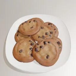 Photorealistic 3D chocolate chip cookies on a plate model, perfect for Blender rendering and dessert presentations.