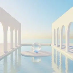 3D-rendered serene seafront scene with arched pavilion and central podium for product showcase in Blender.