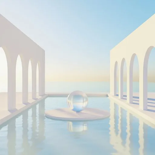3D-rendered serene seafront scene with arched pavilion and central podium for product showcase in Blender.