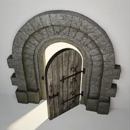 Low-poly medieval Norman arch door 3D model with PBR textures, suitable for castles and historical scenes in Blender 3D.